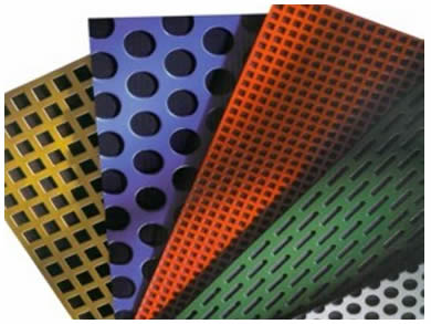 Different colors of PVC coated perforated plate: gold, purple, green, red and sliver.