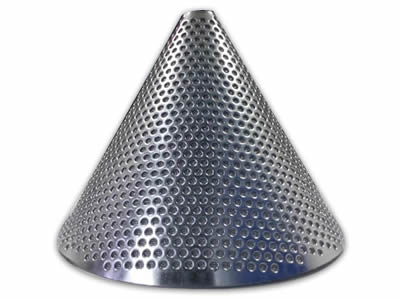 There is a conical sintered metal filter and with round holes and margin.