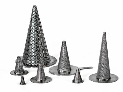 There are seven conical perforated filter elements with various sizes.