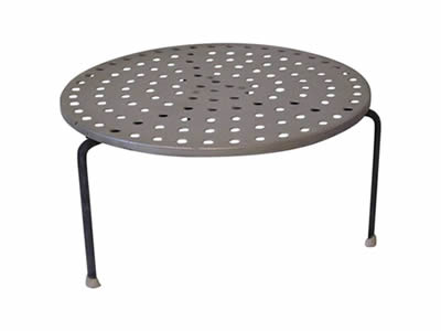 A round perforated metal coffee table with round holes, gray surface and three black legs.