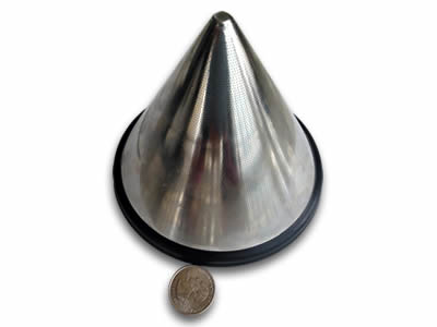 There is a conical perforated filter element with very small holes with rubber border.