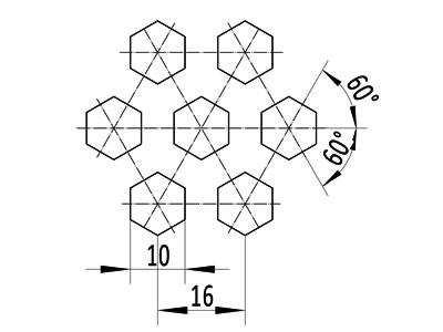 T-arrangement of hexagonal holes perforation H10 T16.